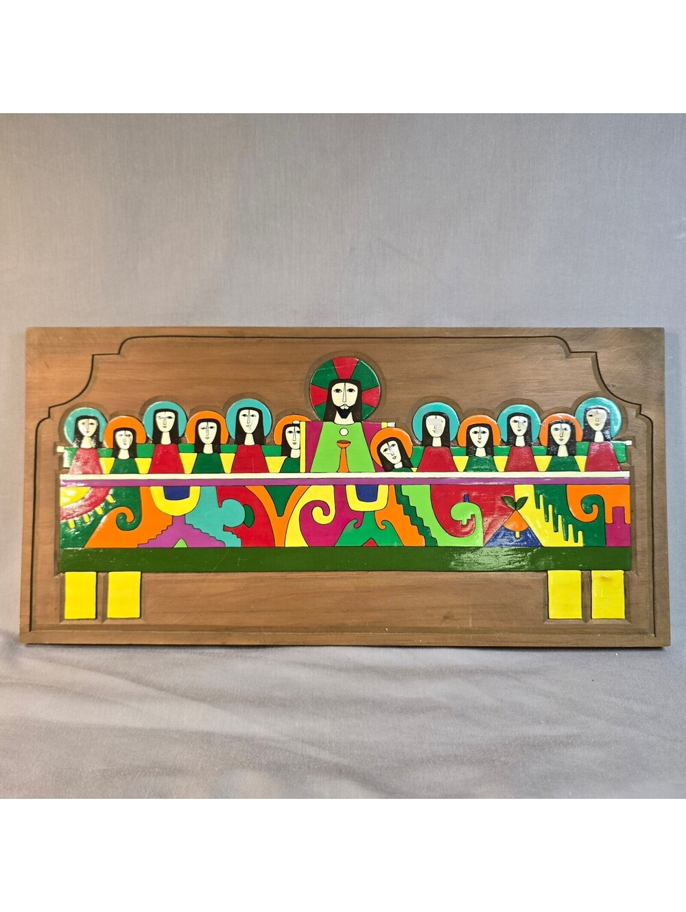 Vintage La Semilla de Dios El Salvador Last Supper Wood Plaque Fernando Llort